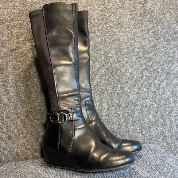 Kenneth Cole Reaction Tip Dress Black Knee High Stretch Boots Womens 8 Wedge - Picture 3 of 10